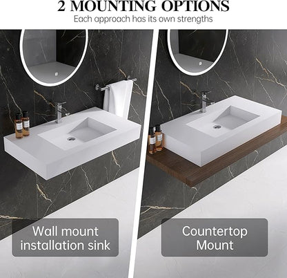 30 inch Wall Mount Floating Vanity with Sink Bathroom Vessel Sink Rectangle Modern Stone Resin White Washing Sink Art Basin for Bathroom AFS140-750