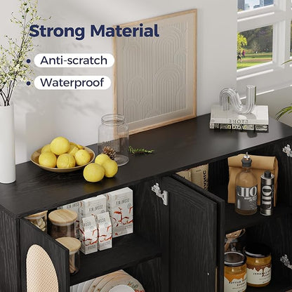 4-Door Rattan Sideboard Buffet Cabinet, 47" Large Storage Cabinet with Shleves, Wood Modern Accent Credenza Kitchen Table for Dining Room, Living Room & Entryway, Black & Natural