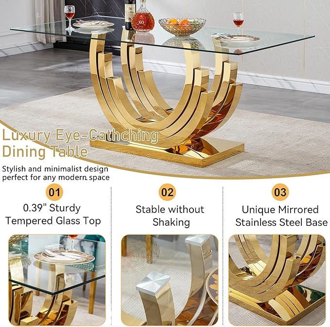 Dining Table for 4 6 People,70" Modern Glass Kitchen Dining Room Table with Tempered Glass Top and Gold Geometric Stainless Steel Pedestal,Luxurious Rectangle Dinner Table for Kitchen, Dining Room