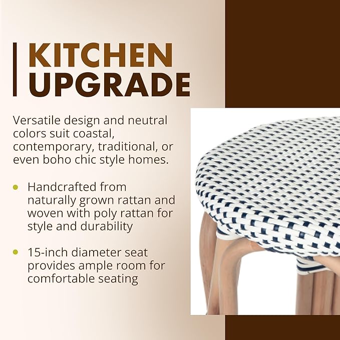 KOUBOO Bistro Backless Counter Stool, Handmade, Rattan, Kitchen Island Seating, Kitchen Stool, Boho Decor, White & Navy
