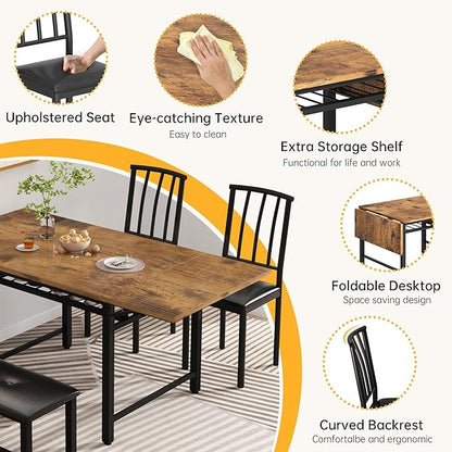 Lamerge 4-Piece Dining Table Set for 3-6 People, 63" Extendable Kitchen Table Set with 1 Bench and 2 Backrest Chairs, Faux Wood Table Square Dining Table Set with Drop Leaf for Small Space