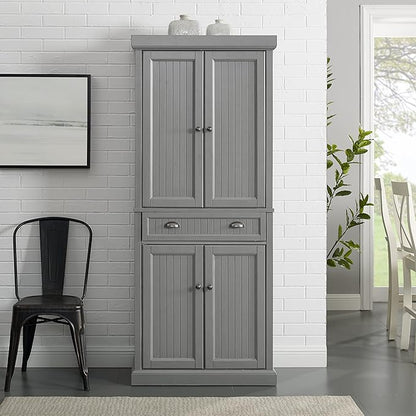 Crosley Furniture Seaside Coastal Pantry Storage Cabinet with Shelves, Kitchen, Dining, or Laundry Room, Distressed Gray