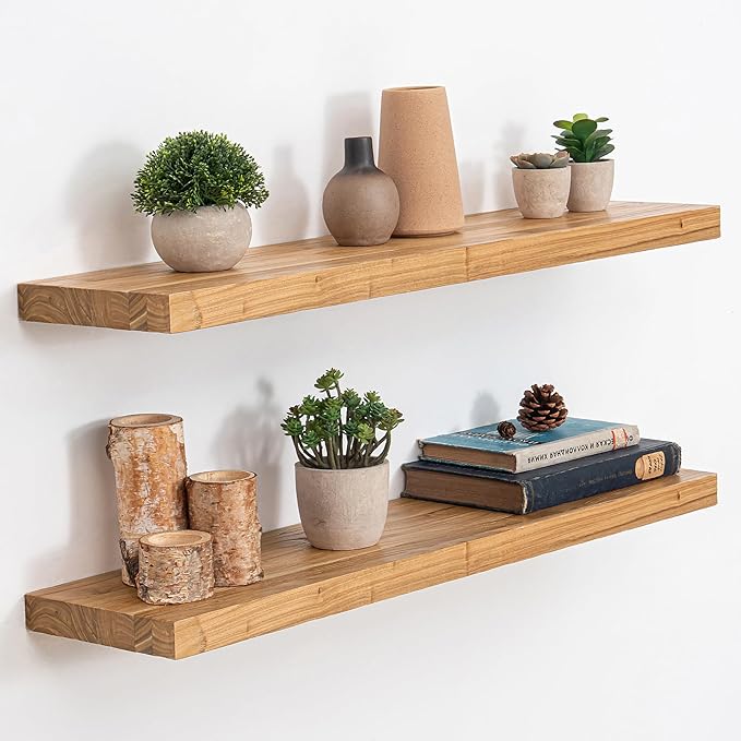 Acovy Extra Deep 32" Long Rustic Solid Wood Floating Shelves for Wall, Wall Shelves with Invisible Bracket for Living Room Bathroom Bedroom Kitchen, Set of 2, Walnut