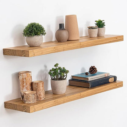 Acovy Extra Deep 32" Long Rustic Solid Wood Floating Shelves for Wall, Wall Shelves with Invisible Bracket for Living Room Bathroom Bedroom Kitchen, Set of 2, Walnut