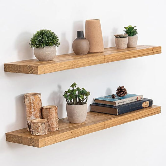 Acovy Extra Deep 32" Long Rustic Solid Wood Floating Shelves for Wall, Wall Shelves with Invisible Bracket for Living Room Bathroom Bedroom Kitchen, Set of 2, Walnut