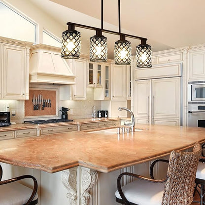 Dining Room Light Fixture Over Table,4-Light Island Lights for Kitchen,Black Pendant Lights Kitchen lsland Lighting,The Linear Chandelier with K9 Crystal and Black Grids Shade