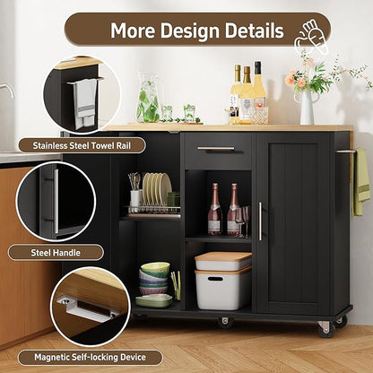 Shintenchi Kitchen Island with Storage, Bar Cart Cabinet Island Table on Wheels, Rolling Microwave Cart for Kitchen with Drop Leaf, Drawers, Towel Rack, Seating Area for Dining Room, Black