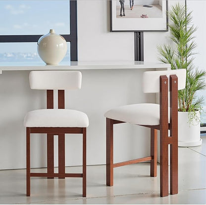 Set of 2 Modern Round Bar Stools with Low Back, 26.5" Height Upholstered Fabric Seats and Walnut Iron Frame for Kitchen Island, Dining Counter, Home Bar - White and Walnut