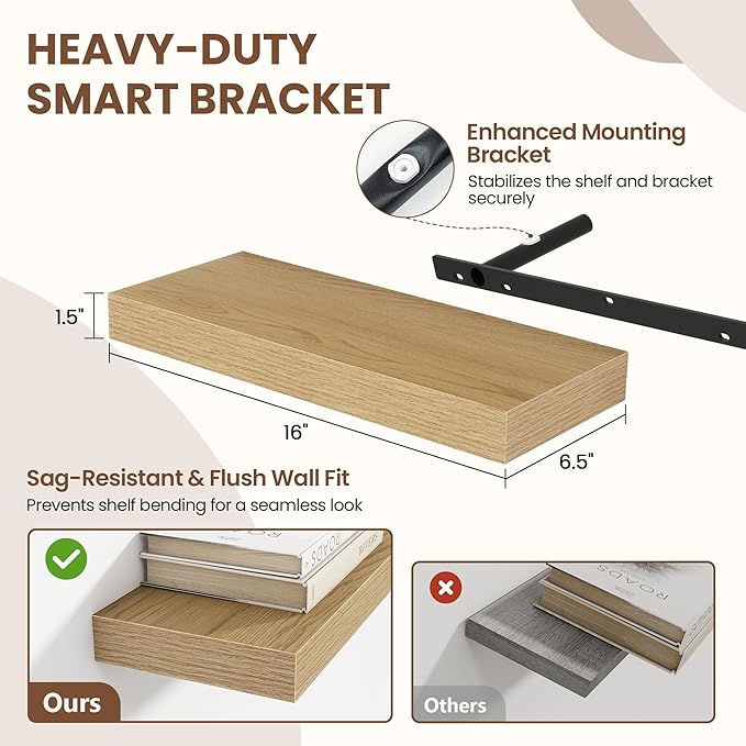 Acovy 16 Inch Floating Shelves for Wall 2 Pack, 16" Wall Shelves for Books, Storage, Decor, Wall Mounted Floating Shelf with Invisible Brackets for Kitchen, Living Room, Oak