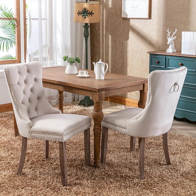 INCLAKE Dining Chairs Set of 2, Velvet Upholstered Dining Room Side Chairs with Button Tufted Back, Nailhead Trim & Wooden Legs, Modern Counter Height Bar Stools for Home Kitchen Island, Beige