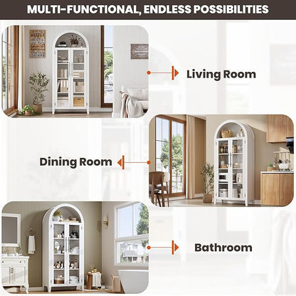 IDEALHOUSE Arched Kitchen Pantry Storage Cabinet - Farmhouse 5-Tier Display Shelf with 2 Large Glass Doors and Adjustable Shelf, Versatile Cupboard for Kitchen, Dining Room, Living Room, White