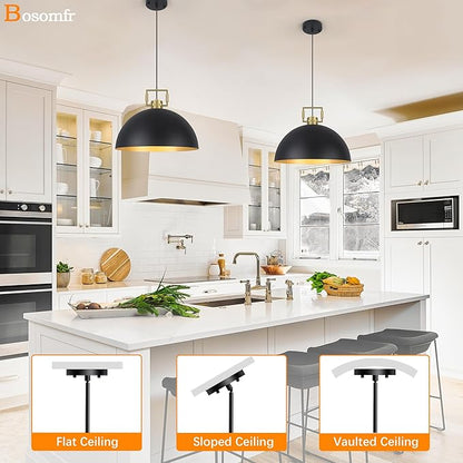 16" Farmhouse Pendant Light Fixture for Kitchen Island Black and Gold Large Dome Chandelier Light Modern Industrial Pendant Light Fixtures for Kitchen Island, Hallway, Dining Room, Bedroom