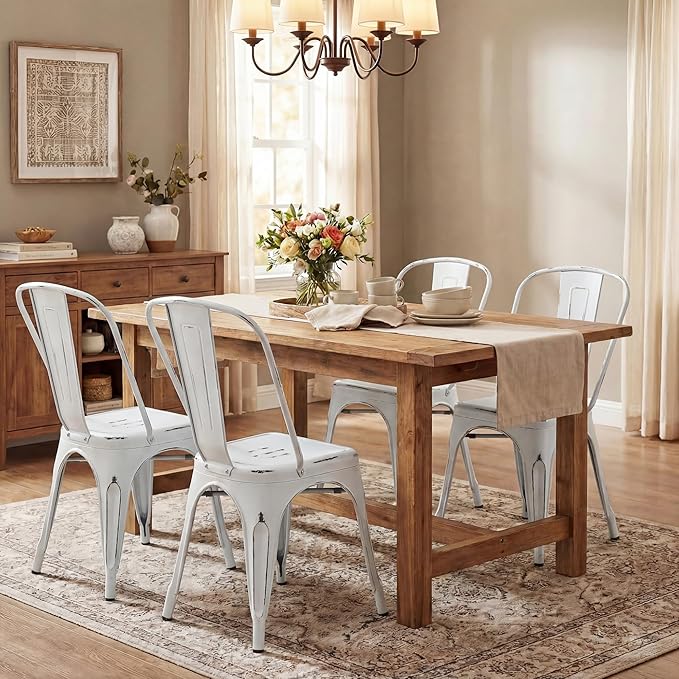 Shahoo Metal Dining Chairs Classic Iron Stackable Industrial Vintage Trattoria with Back, Indoor-Outdoor Side Settee for Home Bistro Cafe Kitchen Restaurant Set of 4, Old White