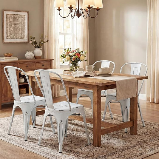Shahoo Metal Dining Chairs Classic Iron Stackable Industrial Vintage Trattoria with Back, Indoor-Outdoor Side Settee for Home Bistro Cafe Kitchen Restaurant Set of 4, Old White