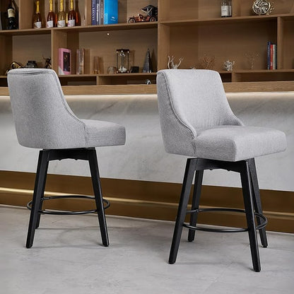 Counter Height Bar Stools Set of 2, Swivel Barstools with Backs and Wood Legs, Linen Fabric Upholstered Counter Stools for Kitchend Island, Mid-Century Modern 26" Seat Height Bar Chairs, Grey