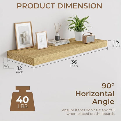 RICHFOCUS Deep Floating Shelves for Wall 2 Pack 12" D 36 Inch Wall Shelves for Room Wall|Wood Hanging Shelf with Invisible Brackets for Bathroom Bedroom Kitchen Laundry Room, Oak