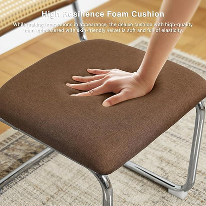 Linen Dining Chair Set of 2 Arched Rattan Square Back Stainless Chrome Base Upholstered Side Chair for Dining Room, Kitchen Island,Coffee