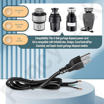 3 Foot CRD-00 Garbage Disposal Power Cord Compatible with InSinkErator, Badger, CoverControlPlus, Essential, Septic Assist Garbage Disposal Model