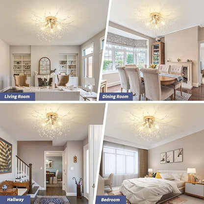 Modern Small Crystal Ceiling Light Fixture, 4-Light Gold Crystal Sputnik Firework Chandelier, Semi Flush Mount Ceiling Light Fixtures for Bedroom Kitchen Hallway Entryway Bathroom(H9.5'' x W17.7'')