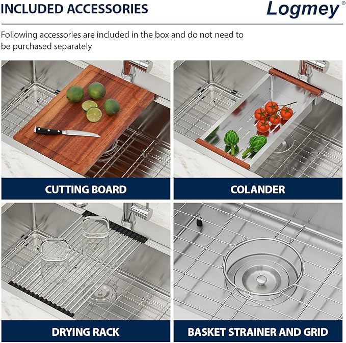 Logmey 33x22 Drop in Kitchen Sink All in One Workstation 16 Gauge SUS304 Stainless Steel Single Bowl 9-3/4" Deep Handmade Sink,Ideal for Home Cooking,Cleaning & Daily Kitchen Use,Noise Reduction