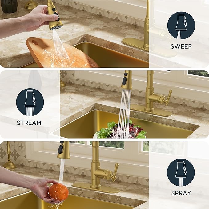 FORIOUS Vintage Kitchen Faucets with Pull Down Sprayer, Gold High Arc Single Handle Stainless Steel Antique Pull Out Sink Faucet for Farmhouse Camper Rv Bar, Fit for 1 or 3 Hole