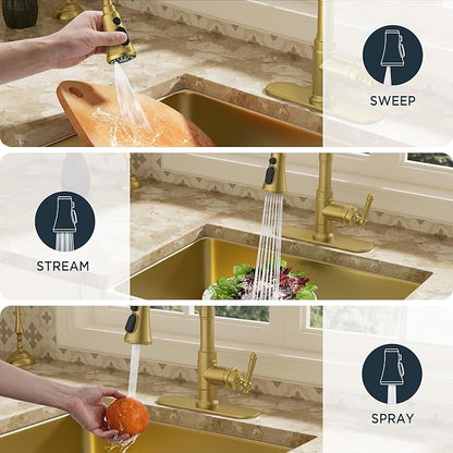 FORIOUS Vintage Kitchen Faucets with Pull Down Sprayer, Gold High Arc Single Handle Stainless Steel Antique Pull Out Sink Faucet for Farmhouse Camper Rv Bar, Fit for 1 or 3 Hole