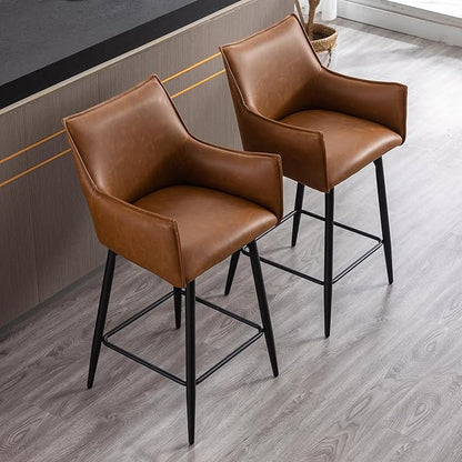 Brown Leather Bar Stools Set of 4, Mid Century Modern Upholstered Kitchen Chairs with Arms and Black Metal Legs 30” Height Stools with Back for Dining Room Home Pub Faux Leather in Brown