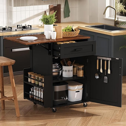 Farmhouse Kitchen Island with Drop Leaf Rolling Cart with Lockable Wheels Storage Island with Open Side Rack Storage Cart Practical(Black)