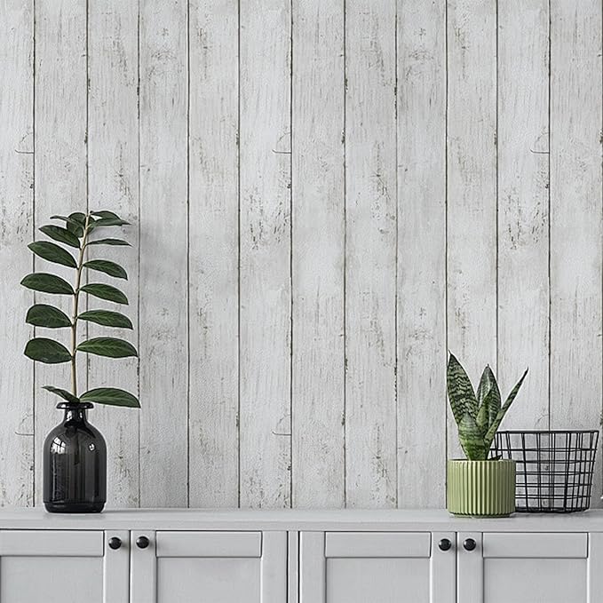 White Grey Wood Paper 17.71 in X 205 in Self-Adhesive Removable Peel and Stick Wallpaper Decorative Wall Covering Vintage Wood Panel Interior Film Surfaces