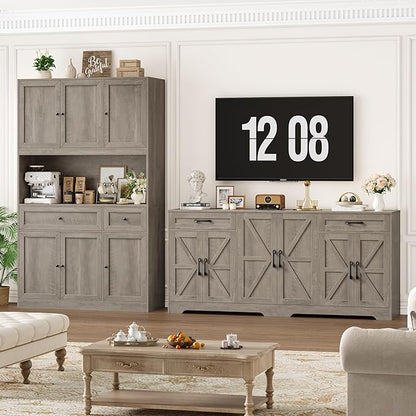 BOTLOG 2PCS Kitchen Cabinets, 71” Large Sideboard Buffet Cabinet with Storage, 72" Tall Pantry Cabinet with Microwave Stand, Wood Coffee Wine Bar Console Table for Kitchen, Dining Room (Ash Gray)