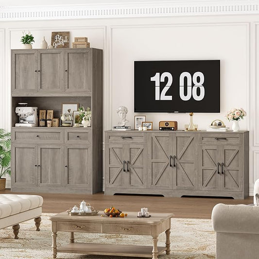 BOTLOG 2PCS Kitchen Cabinets, 71” Large Sideboard Buffet Cabinet with Storage, 72" Tall Pantry Cabinet with Microwave Stand, Wood Coffee Wine Bar Console Table for Kitchen, Dining Room (Ash Gray)