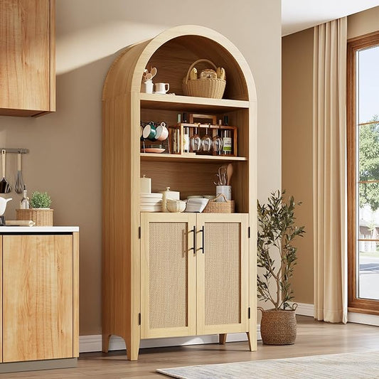 Garvee Arched Kitchen Pantry Storage Cabinet - 5-Tier Open Display Shelf with Rattan Decor, Farmhouse Storage Cabinet for Kitchen, Dining Room, Living Room, Natural