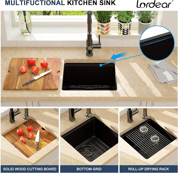Lordear 18 Inch Black Granite Composite Kitchen Sink Workstation 18x18 Matte Black Undermount Quartz Sinks Under Counter Single Bowl Sink with Black Accessories