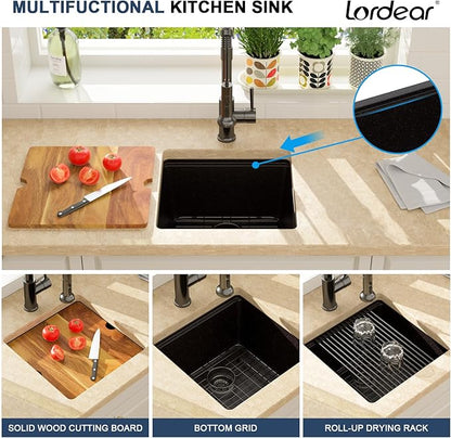 Lordear 18 Inch Black Granite Composite Kitchen Sink Workstation 18x18 Matte Black Undermount Quartz Sinks Under Counter Single Bowl Sink with Black Accessories