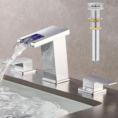 AVSIILE LED Bathroom Faucet 3 Hole, Chrome Waterfall Bathroom Faucets, 8 Inch Widespread Modern Bathroom Sink Faucet & Parts, Wide Spread Touch On Three Hole 2 Handle 3 Piece Bathroom Vanity Faucet