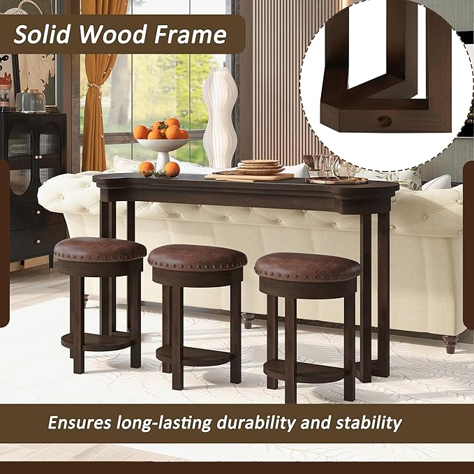 Bar Table and Chairs Set of 4 with 3 PU Upholstered Bar Stools, Breakfast Bar Table, Solid Wood Bar Height Dining Table Set, for Kitchen, Living Room, Party Room, Small Space (Espresso)