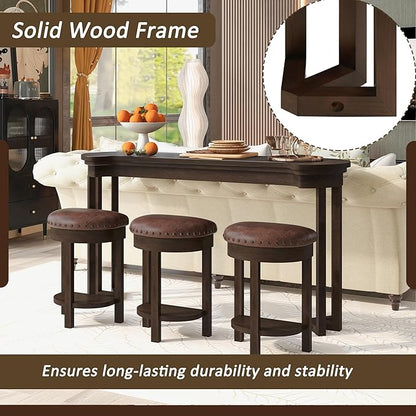 Bar Table and Chairs Set of 4 with 3 PU Upholstered Bar Stools, Breakfast Bar Table, Solid Wood Bar Height Dining Table Set, for Kitchen, Living Room, Party Room, Small Space (Espresso)