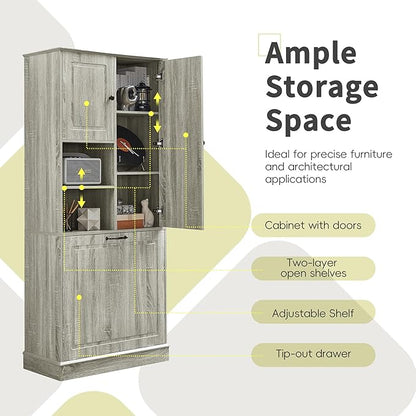68" Tall Bathroom Storage Cabinet with Two Doors and Laundry Hamper for Home Display Organizer, Adjustable Shelf, Oak