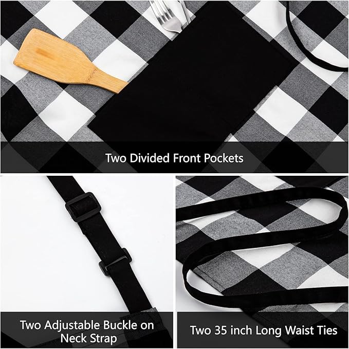 Jubatus 1 Pack Buffalo Check Apron with 2 Pockets Adjustable Bib Chef Kitchen Aprons for Men and Women, Black & White