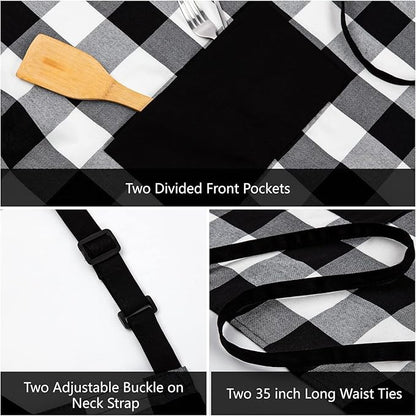 Jubatus 1 Pack Buffalo Check Apron with 2 Pockets Adjustable Bib Chef Kitchen Aprons for Men and Women, Black & White