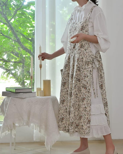 Japanese Cotton Linen Cross Back Apron with Pockets,Fashion Pinafore Dress for Gardening Painting Cleaning Cooking
