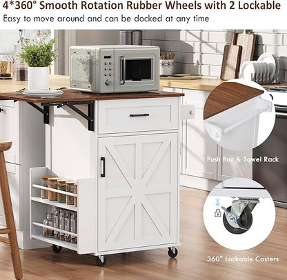 39.3" Kitchen Island with Side Drop Leaf, Space-Saving Rolling Kitchen Cart with Lockable Wheels, Storage Island with Open Side Rack, One Drawer & Towel Rack, for Kitchen, White