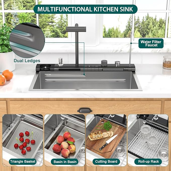 Smart Waterfall Kitchen Sink, 30" Drop-In Single Bowl 16 Gauge 304 Stainless Steel Workstation Sink with Mechanical Control Panel & Pull-Down Faucet for New house Decoration or Renovation