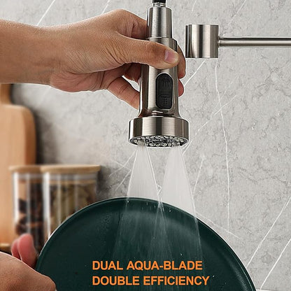 TIORIY Pull Down Spray Head Replacement - for Kitchen Faucet Sprayer Head with 15 Adapters, 3 Function Pull Out Faucet Spray Nozzle, Brushed Nickel