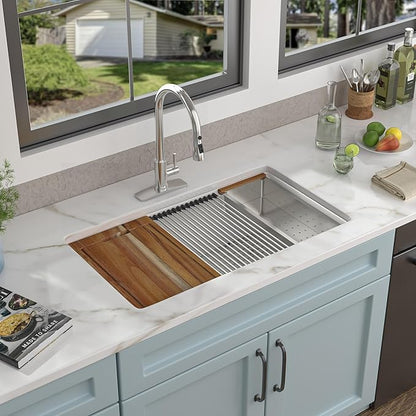 32"x19" Granite Composite Kitchen Sink - Ledge Workstation Undermount White Quartz Classic Under Counter Single Bowl Basin
