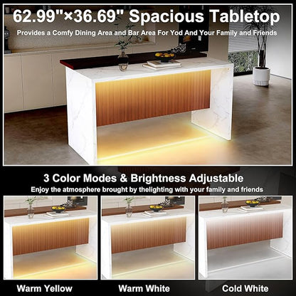 Modern Bar Table and Bar Stools Set, Marble-Look Counter Table with Wood Accent Top & Green Velvet Bar Chairs Set of 4 with Gold Legs, Kitchen Island Pub Table Set for Home Bar, Dining Room