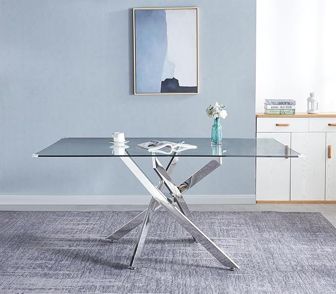 Luxury Silver Glass Dining Table for 4 Modern 51" Rectangular Kitchen & Dining Room Table with X-Shape Stainless Steel Base Large Clear Glass Top Dining Table for Home Office