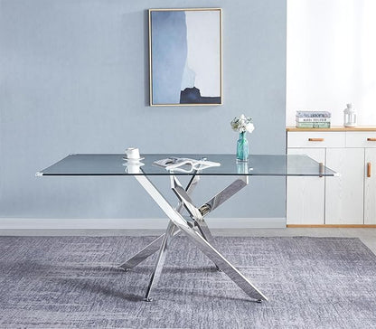 Luxury Silver Glass Dining Table for 4 Modern 51" Rectangular Kitchen & Dining Room Table with X-Shape Stainless Steel Base Large Clear Glass Top Dining Table for Home Office