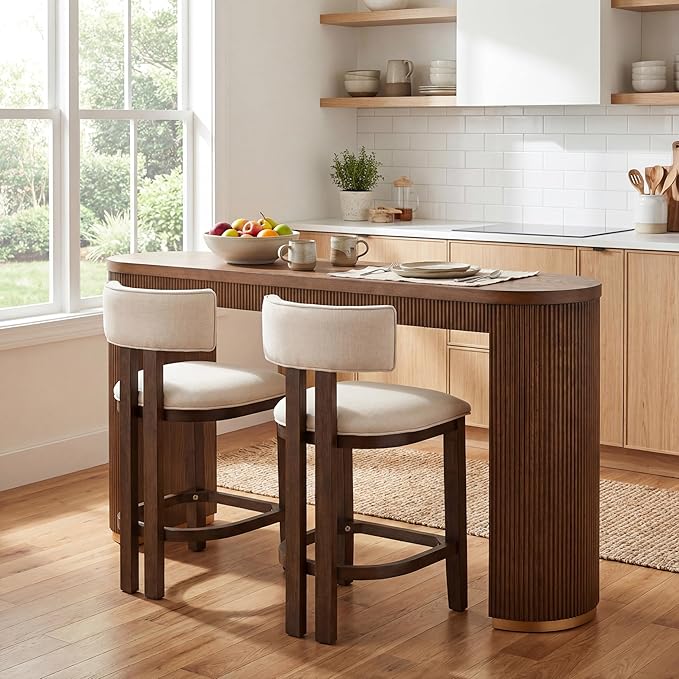 Christopher Knight Home Minso Bar Table and Chairs Set of 2, 3 Piece Bar Table Set with Upholstered Counter Stool, Rubberwood Counter Height Dining Set for 2, Walnut+Beige
