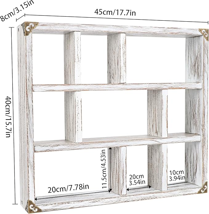 17.7x15.7-Inch Shadow Box Shelf 9-Slot Rustic Floating Shelves Larger Wall Mounted Shelf Lightweight Solid Wood Display Shelf Freestanding Farmhouse(9C-Rustic White)